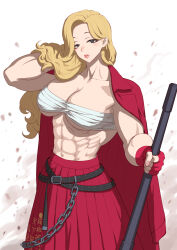  abs akemi_(blue_archive) biceps blonde_hair blue_archive breasts chest_sarashi crossed_belts delinquent female fingerless_gloves fluffy_hair fujii_eishun gloves highres large_breasts long_hair looking_at_viewer mole mole_under_eye muscular muscular_female navel red_gloves red_skirt sarashi simple_background skirt solo sukeban white_background 