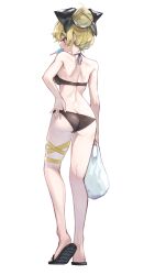  absurdres alternate_costume ass back bag bikini black_bikini black_bow black_footwear blonde_hair bow butt_crack commentary female food food_in_mouth from_behind full_body hair_bun hairbow hand_in_bikini highres holding_back kurodani_yamame leg_ribbon looking_afar open_mouth plastic_bag popsicle popsicle_in_mouth red_eyes ribbon sandals short_hair simple_background single_hair_bun solo standing swimsuit tadano1129 touhou white_background yellow_ribbon 