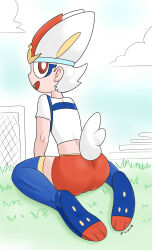  absurd_res anthro ass bottomwear cinderace clothing cosplay football_player football_uniform generation_8_pokemon hi_res human male mammal mr_fuwa nintendo pokemon pokemon_(species) red_eyes shorts solo 