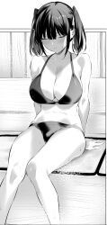  bare_shoulders bikini blush breasts character_request cleavage closed_eyes collarbone female greyscale hair_ribbon haite_kudasai_takamine-san highres hiiragi_yuuichi medium_breasts midriff monochrome ribbon sauna sitting solo sweat swimsuit twintails 