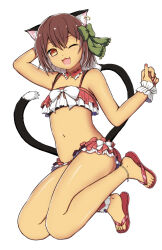  ;3 ;d adapted_costume ai-assisted akaiito_wii animal_ear_fluff animal_ear_piercing animal_ears anklet arm_up bare_legs bare_shoulders bikini bow brown_eyes brown_hair cat_ears cat_tail chen commentary_request detached_collar double-parted_bangs earrings female flat_chest flip-flops frills full_body green_bow hair_between_eyes hairbow hand_up highres jewelry multiple_tails nail_polish navel nekomata no_headwear one_eye_closed petite red_nails sandals simple_background single_earring smile solo swimsuit tail toenail_polish toenails touhou two_tails white_background white_bow wrist_cuffs 