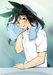  animal_ears black_hair blue_eyes blush breasts female gaman hair_down hand_up highres horse_ears horse_girl horse_tail katsuragi_ace_(umamusume) long_hair looking_at_viewer multicolored_hair open_mouth shirt short_sleeves signature sink small_breasts solo streaked_hair sweat tail towel towel_around_neck umamusume upper_body very_sweaty white_shirt wiping_sweat 