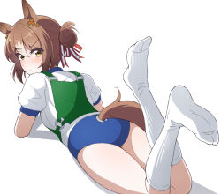  blue_buruma blush brown_hair buruma commentary_request ear_ornament feet female fine_motion_(umamusume) gym_uniform hair_between_eyes hair_bun kneehighs knees_together_feet_apart lying multicolored_hair nel-c no_shoes on_stomach original_race_uniform_(umamusume) race_bib short_hair simple_background socks soles solo streaked_hair tail tail_through_clothes the_pose umamusume white_background white_hair white_socks yellow_eyes 