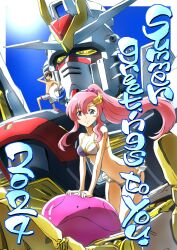  1boy bikini black_bikini blue_eyes breasts brown_hair female frilled_bikini frills gundam gundam_seed gundam_seed_freedom hair_ornament haro highres kira_yamato lacus_clyne long_hair looking_at_viewer mecha mighty_strike_freedom_gundam mobile_suit official_alternate_costume pink_hair robot science_fiction short_hair smile sunglasses swim_ring swimsuit taiga_hiroyuki two-tone_bikini v-fin very_long_hair yellow_eyes 