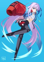  black_pants blue_background blue_eyes eyelashes fate/grand_order fate_(series) female full_body hibun_tsukasa highres long_hair long_sleeves looking_at_viewer meltryllis_(fate) meltryllis_(swimsuit_lancer)_(fate) midriff pants prosthesis prosthetic_leg purple_hair shirt sleeves_past_wrists solo very_long_hair white_shirt 