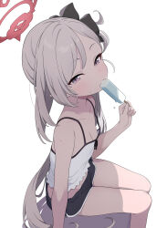  absurdres bare_shoulders black_flower blue_archive blush breasts camisole cleavage female flower food grey_hair hair_flower hair_ornament halo highres hiroikara_(smhong04) holding holding_food holding_popsicle long_hair looking_at_viewer mutsuki_(blue_archive) pink_eyes pointy_ears ponytail popsicle short_shorts shorts side_ponytail simple_background sitting small_breasts solo sweat very_long_hair white_background white_camisole 