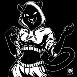  1:1 2024 anthro black_background black_body black_fur black_shading bottomwear breasts claws clothing curvy_figure digital_media_(artwork) ezeeshady fangs felid female finger_claws fur hood_up hoodie looking_at_viewer mammal midriff monochrome monotone_background navel open_mouth outline pantherine pants pixel_(artwork) raised_arms signature simple_background smile smiling_at_viewer solo sweatpants sweatshirt tail teeth tongue topwear white_bottomwear white_clothing white_eyes white_nose white_outline white_tongue white_topwear 