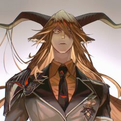  animal_ears arknights armband armor asymmetrical_sidelocks brown_horns degenbrecher_(arknights) goat_ears goat_horns hair_flowing_over highres horns jacket lapels medal military_jacket notched_lapels orange_shirt pauldrons print_armband shirt shoulder_armor single_pauldron uniumami white_armband 