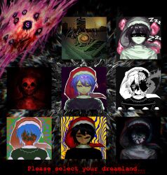  :3 black_hair black_sclera bleeding blood blood_from_eyes blue_eyes blue_hair body_horror brain chinese_commentary chromatic_aberration closed_mouth colored_sclera colored_skin commentary_request distortion doremy_sweet dream_soul english_text extra_eyes faceless faceless_female female goushen0309 hair_between_eyes half-closed_eyes hat highres horror_(theme) inkblot looking_at_viewer medium_bangs nightcap nightmare no_mouth pom_pom_(clothes) red_hat red_sclera red_skin shaded_face short_hair skull smile swirl touhou upper_body zzz 