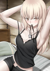  absurdres adjusting_hair armpits arms_up artoria_pendragon_(fate) bed bed_sheet bedroom black_bra black_camisole black_ribbon black_shorts blonde_hair blush bra breasts camisole cross cross_necklace fate/grand_order fate_(series) female hands_in_hair highres indoors jewelry lace-trimmed_bra lace_trim long_hair longdq3008 looking_at_viewer medium_breasts mouth_hold necklace official_alternate_costume on_bed open_fly pillow ribbon ribbon_in_mouth saber_alter saber_alter_(ver._shinjuku_1999)_(fate) shorts sitting solo strap_slip sweat tying_hair underwear yellow_eyes 