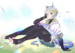  animal_ears black_bodysuit black_gloves blue_eyes blush bodysuit bracelet commentary_request doushi_tatsu_to_dekkai_no elbow_gloves feet female gloves grass green_shorts grey_hair grin highres horse_ears horse_girl horse_tail jewelry lens_flare on_grass seiun_sky_(umamusume) shirt short_hair shorts sitting smile solo stirrup_legwear sweat tail toeless_legwear toes umamusume white_shirt 