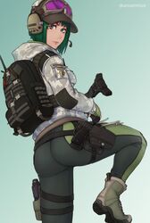  absurdres ass backpack bag baseball_cap blue_eyes boots camouflage closed_mouth commentary cz_scorpion_evo_3 ela_(rainbow_six_siege) english_commentary female fingerless_gloves gloves goggles goggles_on_head green_gloves green_hair gun handgun hat headset highres holster hood hood_down hooded_jacket jacket lips looking_at_viewer looking_back military military_operator pantylines pr-15_ragun rainbow_six_siege rifle short_hair solo submachine_gun thigh_holster unsomnus weapon 