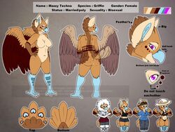  anthro ass avian beak big_ears breasts chibi clothing english_text feathered_wings feathers female female_(lore) fur gryphon looking_at_viewer markings mazzy_techna model_sheet mythological_avian mythological_creature mythology non-mammal_breasts nude scaled_legs singingbirdstudio solo standing text wings 