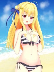  :d absurdres ahoge bare_arms beach behinmos_1102 bikini blonde_hair blue_bow blue_ribbon blush bow breast_suppress breasts cleavage commentary_request cowboy_shot day doyagao female flower frilled_bikini frills hair_bun hair_flower hair_ornament hair_ribbon hairbow halterneck hamidashi_creative hands_up highres izumi_hiyori large_breasts long_hair looking_down navel ocean open_mouth outdoors red_eyes ribbon side-tie_bikini_bottom sidelocks single_side_bun smile smug solo sparkle straight_hair striped_bikini striped_clothes sunflower sunflower_hair_ornament swimsuit tsurime v-shaped_eyebrows white_flower 