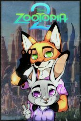  0l-fox-l0 absurd_res anthro artist_name:0l-fox-l0 canid canine clothed clothing digital_media_(artwork) disney duo english_text female fox group hi_res huge_filesize judy_hopps lagomorph leporid male male/female mammal nick_wilde poster rabbit red_fox romantic romantic_couple simple_background smile text tongue true_fox zootopia zootopia_2 