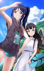  2girls absurdres aqua_bikini aqua_eyes arm_up armpits bag bikini bikini_under_clothes black_hair blue_bag blue_hair blue_sky blunt_bangs blush breasts cellphone cloud collared_dress dark_blue_hair dress grey_hoodie grin highres hood hoodie kurosawa_dia long_hair love_live! love_live!_sunshine!! matsuura_kanan medium_breasts mole mole_under_mouth moshi_(0364p) multiple_girls outdoors phone ponytail purple_eyes shoulder_bag sky sleeveless sleeveless_dress sleeveless_hoodie smartphone smile swimsuit watch white_dress wristwatch 