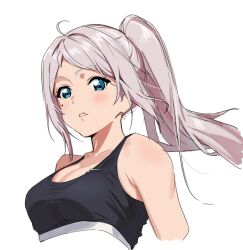  ahoge black_sports_bra blue_eyes breasts cleavage clenched_teeth commentary cropped_torso female grey_hair highres large_breasts long_hair love_live! love_live!_nijigasaki_high_school_idol_club mole mole_under_eye moshi_(0364p) parted_lips ponytail sidelocks simple_background solo sports_bra teeth white_background zhong_lanzhu 