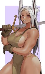  alternate_hairstyle animal_ears apron arm_under_breasts artist_name bare_shoulders bikini boku_no_hero_academia border braid braided_sidelock breasts brown_apron brown_gloves claymore_(sword) cleavage dark-skinned_female dark_skin english_commentary facepaint female gloves gud0c hair_bun highres holding holding_sword holding_weapon large_breasts long_eyelashes long_hair looking_at_viewer mirko over_shoulder parted_bangs pelvic_curtain purple_background rabbit_ears rabbit_girl red_eyes sideboob sidelocks single_hair_bun smile solo swimsuit sword sword_over_shoulder thick_thighs thighs toned toned_female two-handed_sword veins veiny_breasts weapon weapon_over_shoulder white_border white_hair 