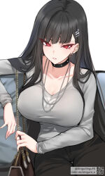  absurdres alternate_costume black_choker black_hair black_pants blue_archive blush breasts bright_pupils brown_bag choker earrings female grey_shirt hair_ornament hairclip highres jewelry large_breasts long_hair long_sleeves necklace pants parted_lips red_eyes revision rio_(blue_archive) shigure_s shirt solo stud_earrings white_pupils 