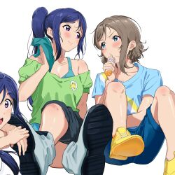  2girls aqua_tank_top black_shorts blue_eyes blue_hair blue_shirt blue_shorts blush breasts brown_hair cleavage closed_mouth collarbone commentary_request dark_blue_hair food green_shirt highres holding holding_food invisible_chair long_hair looking_at_viewer love_live! love_live!_sunshine!! matsuura_kanan medium_breasts moshi_(0364p) multiple_girls multiple_views off-shoulder_shirt off_shoulder ponytail purple_eyes shirt short_hair short_sleeves shorts sidelocks simple_background sitting smile tupet v-shaped_eyebrows watanabe_you white_background 