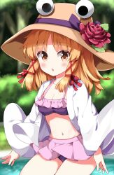  :o bikini blonde_hair blurry blurry_background blush breasts brown_eyes brown_hat cleavage commentary cowboy_shot day female flower hair_ribbon hat hat_flower highres long_sleeves looking_at_viewer medium_breasts medium_hair moriya_suwako navel open_clothes open_mouth open_shirt outdoors pink_bikini pink_flower pink_rose red_ribbon ribbon rose ruu_(tksymkw) shirt solo standing swimsuit touhou white_shirt wide_sleeves 