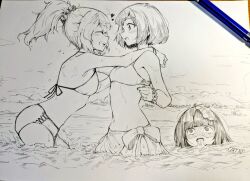  3girls arms_on_another&#039;s_shoulder art_tools_in_frame bikini blush bob_cut bracelet breasts closed_eyes commentary_request floating_hair gasuri_govan graphite_(medium) greyscale heart jewelry kouzuki_mahiru long_hair mechanical_pencil monochrome multiple_girls navel open_mouth pencil ponytail short_hair sidelocks small_breasts smile stomach swimsuit takanashi_kim_anouk_mei traditional_media wading yamanouchi_kano yoru_no_kurage_wa_oyogenai yuri 