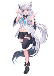  :d ahoge animal_ear_fluff animal_ear_piercing animal_ears aqua_eyes black_footwear black_ribbon black_shorts black_thighhighs blue_neckerchief blush boots braid breasts commentary_request crossed_bangs detached_sleeves double-parted_bangs double_fox_shadow_puppet extra_ears female fold-over_boots fox_ears fox_girl fox_shadow_puppet fox_tail front_slit full_body hair_between_eyes hair_ribbon hands_up highres hololive hood hooded_vest hoodie leg_up long_hair looking_at_viewer low_ponytail medium_breasts midriff navel neckerchief pentagram ribbon shirakami_fubuki shirakami_fubuki_(1st_costume) short_shorts shorts side_braid simple_background single_thighhigh smile solo standing standing_on_one_leg strapless tail tazaki_hayato thigh_strap thighhighs very_long_hair vest virtual_youtuber white_background white_hair white_sleeves wide_sleeves 