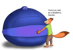  anthro blue_body blue_fur blueberry_inflation body_inflation body_transformation canid canine charl1e disney duo female fox fur hand_on_belly hugging_belly inflation judy_hopps lagomorph leporid male male/female mammal nick_wilde overweight overweight_female rabbit squeezing_belly zootopia 