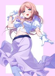  :d absurdres blue_eyes breasts brown_hair clumsy_trick_(idolmaster) commentary cropped_shirt female foot_out_of_frame frilled_gloves frills from_below gakuen_idolmaster gloves highres himesaki_rinami idolmaster large_breasts leg_up long_hair long_skirt midriff moshi_(0364p) navel official_alternate_costume open_mouth pink_background puffy_short_sleeves puffy_sleeves purple_skirt shirt short_sleeves skirt smile solo teeth two-tone_background upper_teeth_only white_background white_gloves white_shirt 