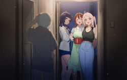  4girls ahoge apron asaka_karin black_tank_top blue_dress blue_eyes blue_hair blue_pants blunt_bangs blurry blurry_foreground braid breasts brown_hair cleavage collarbone collared_shirt commentary_request dark_blue_hair dress emma_verde feet_out_of_frame film_grain green_apron grey_hair grey_hoodie hand_on_own_head highres holding_cooking_pot hood hoodie indoors jacket large_breasts long_hair long_hoodie love_live! love_live!_nijigasaki_high_school_idol_club low_twin_braids medium_breasts medium_hair mia_taylor mole mole_under_eye moshi_(0364p) multiple_girls open_clothes open_jacket pants pink_hair shirt short_dress sidelocks tank_top twin_braids two_side_up white_jacket white_shirt zhong_lanzhu 