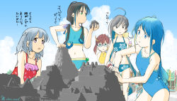  5girls alternate_costume bikini blue_bikini blue_hair blue_one-piece_swimsuit blue_sky brown_hair casual_one-piece_swimsuit cloud commentary_request day floral_print food highres honda_yoshinobu ice_cream kantai_collection kiyoshimo_(kancolle) kiyoshimo_kai_ni_(kancolle) kiyoshimo_kai_ni_(swimsuit_mode)_(kancolle) long_hair low_twintails multiple_girls official_alternate_costume okinami_kai_ni_(swimsuit_mode)_(kancolle) one-piece_swimsuit ooshio_(kancolle) outdoors red_one-piece_swimsuit samidare_(kancolle) sand_castle sand_sculpture short_hair sky suzukaze_(kancolle) swimsuit translation_request twintails 