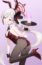  alternate_costume animal_ears ass bare_shoulders black_pantyhose blue_archive blush bow bowtie breasts detached_collar fake_animal_ears fake_tail female full_body gloves grey_hair grin hair_ornament halo haniwa_(statue) high_heels highres holding holding_tray leotard long_hair looking_at_viewer mutsuki_(blue_archive) open_mouth pantyhose playboy_bunny purple_eyes rabbit_ears rabbit_tail red_footwear red_leotard shoes simple_background small_breasts smile solo standing standing_on_one_leg strapless strapless_leotard tail tray very_long_hair wrist_cuffs zaxwu 