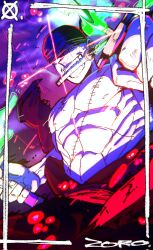  1boy abs bandana border cowboy_shot earrings fighting_stance from_below glowing glowing_eye green_hair grin highres holding holding_sword holding_weapon jewelry male_focus nipples one_piece ornate_border roronoa_zoro scar scar_across_eye short_hair smile solo sword triple_wielding weapon xoskxtch 