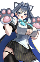  absurdres ago_(owenanaken) animal_ears animal_hands black_hair black_thighhighs blue_eyes bow bow_earrings breasts cape cat_ears clothing_cutout earrings female gloves hair_intakes highres hololive hololive_english jewelry large_breasts ouro_kronii ouro_kronii_(1st_costume) paw_gloves skirt striped_clothes striped_skirt thighhighs underboob_cutout virtual_youtuber white_background 