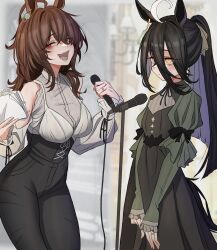  2girls :d absurdres agnes_tachyon_(umamusume) ahoge animal_ears black_dress black_hair black_pants breasts brown_hair closed_mouth commentary_request dress hair_between_eyes highres holding holding_microphone horse_ears horse_girl horse_tail leogust long_hair looking_at_another looking_at_viewer manhattan_cafe_(umamusume) medium_breasts microphone multicolored_hair multiple_girls open_mouth pants ponytail red_eyes smile streaked_hair tail umamusume white_hair yellow_eyes 