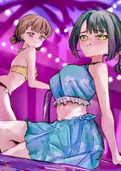  2girls alternate_costume alternate_hairstyle bikini black_hair blue_bikini blue_sarong blunt_bangs blush braid breasts brown_hair center-flap_bangs closed_mouth commentary double_bun feet_out_of_frame frilled_bikini frills green_eyes hair_bun half-closed_eyes highres kachimachi_kosuzu link!_like!_love_live! looking_at_viewer love_live! low_ponytail medium_breasts midriff momose_ginko multiple_girls o-ring o-ring_bottom oihlf pink_eyes pool_ladder pout sarong short_hair side_braids sitting smile split_mouth swimsuit virtual_youtuber yellow_bikini 