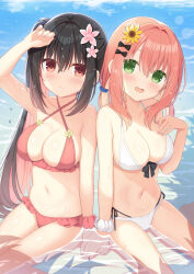  2girls arm_at_side bare_arms bikini black_bow black_hair blush bow bow_bikini breasts cleavage closed_mouth colored_eyelashes colored_inner_hair commentary_request criss-cross_halter crossed_bangs day feet_out_of_frame fingernails flower flower_bikini frilled_bikini frills green_eyes hair_between_eyes hair_flower hair_ornament hairbow halterneck hand_up highleg highleg_bikini highres holding_hands iroha_(utsumire) large_breasts long_hair looking_at_viewer medium_hair multicolored_hair multiple_girls navel open_mouth original outdoors pink_flower pink_hair red_bikini red_eyes red_scrunchie sakura_(utsumire) scrunchie side-by-side sitting smile straight_hair sunflower sunflower_hair_ornament swimsuit utsunomiya_tsumire very_long_hair water wet wet_hair white_bikini white_scrunchie wrist_scrunchie yellow_flower 