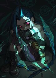  absurdres arcane:_league_of_legends arcane_jinx artist_name black_gloves blue_hair braid female fingerless_gloves full_body gloves gun highres holding holding_gun holding_weapon jinx_(league_of_legends) league_of_legends long_hair looking_at_viewer nebura_(neburaart) pink_hair shadow sitting solo twin_braids weapon 