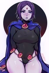  5-ish_(crevettavt) bare_hips black_leotard breasts cape cloak closed_mouth colored_skin dated dc_comics english_commentary female forehead_jewel grey_skin highres leotard looking_at_viewer medium_breasts purple_cloak purple_eyes purple_hair purple_lips raven_(dc) short_hair sitting sleeved_leotard solo superhero_costume teen_titans thighs white_background 