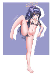  absurdres bags_under_eyes barefoot bikini black_bikini black_hair blue_archive blue_eyes blue_hairband breasts cleft_of_venus female full_body hairband highleg highleg_bikini highres jewelry long_hair necklace ponytail purple_background small_breasts solo standing standing_on_one_leg swimsuit two-tone_background ui_(blue_archive) ui_(swimsuit)_(blue_archive) xia_baimo 