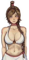  avatar:_the_last_airbender avatar_legends bikini braid breasts brown_eyes brown_hair choker cleavage closed_mouth female highres large_breasts long_hair navel noipot red_choker simple_background single_braid skirt solo swimsuit topknot ty_lee white_background white_bikini white_skirt 