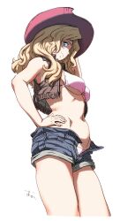  alternate_costume armpits bare_arms bare_shoulders bikini bikini_under_clothes blonde_hair blue_eyes breasts brown_vest closed_mouth commentary cowboy_hat cowboy_western cropped_legs denim denim_shorts female from_below from_side girls_und_panzer hand_on_own_hip hat highres hip_bones kay_(girls_und_panzer) long_hair looking_at_viewer looking_down looking_to_the_side medium_breasts navel oono_tsutomu open_clothes open_fly open_vest pink_bikini profile red_hat short_shorts shorts signature simple_background sleeveless smile solo standing stomach swimsuit underboob vest white_background 