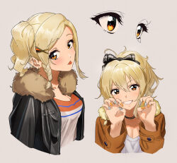  :p absurdres black_bow black_jacket blonde_hair blush bow braided_sidelock breasts brown_jacket cleavage closed_mouth collarbone commentary cropped_torso female grey_nails grin gyaru hair_between_eyes hair_ornament hairbow highres jacket leather leather_jacket long_sleeves looking_at_viewer love_live! love_live!_nijigasaki_high_school_idol_club medium_breasts medium_hair miyashita_ai moshi_(0364p) multiple_views open_clothes open_jacket orange_eyes orange_nails shirt side_ponytail sidelocks smile tongue tongue_out two-tone_nails v-shaped_eyebrows white_shirt x_hair_ornament 