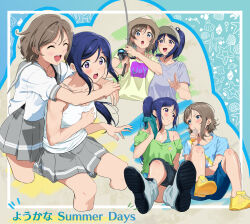  2girls :d :o ^_^ absurdres aqua_tank_top black_shorts blue_eyes blue_hair blue_shirt blue_shorts blush breasts brown_hair camisole cleavage closed_eyes closed_mouth clothes_writing collarbone commentary_request dark_blue_hair fishing_rod food green_shirt grey_sailor_collar grey_shirt grey_skirt highres holding holding_fishing_rod holding_food hug hug_from_behind invisible_chair long_hair looking_at_viewer love_live! love_live!_sunshine!! matsuura_kanan medium_breasts miniskirt moshi_(0364p) multiple_girls multiple_views off-shoulder_shirt off_shoulder open_mouth pleated_skirt ponytail purple_eyes sailor_collar school_uniform serafuku shirt short_hair short_sleeves shorts sidelocks sitting skirt smile summer_uniform t-shirt translation_request tupet uranohoshi_school_uniform v-shaped_eyebrows watanabe_you white_camisole white_shirt wide-eyed yellow_shirt 