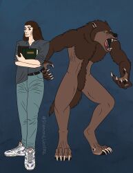  anthro before_and_after body_hair brown_body brown_fur brown_hair canid canine claws clothed clothing diamondwolf152 featureless_crotch female fur hair happy_trail hi_res holding_object human mammal mythological_canine mythological_creature mythology naturally_censored naturally_censored_breasts open_mouth pawpads randi_wallace scar sharp_teeth she-wolf_of_london_(series) signature simple_background solo teeth transformation were werecanid werecanine werewolf yellow_eyes 