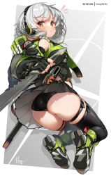  anby_demara ass backpack bag bare_shoulders bike_shorts black_gloves black_shorts black_skirt black_thighhighs closed_mouth commentary_request female fingerless_gloves gloves green_eyes headphones highres holding holding_sword holding_weapon hong_(white_spider) looking_at_viewer looking_back patreon_username pleated_skirt short_hair shorts skirt solo sword thighhighs weapon white_hair zenless_zone_zero 