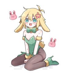  1boy alternate_costume animal_ears bare_shoulders basil_(faraway)_(omori) basil_(omori) blonde_hair blue_eyes blush bow bowtie brown_pantyhose flower forest_bunny_(omori) green_bow green_bowtie green_footwear green_leotard hair_flower hair_ornament high_heels highres kemonomimi_mode kiimorisame leotard male_playboy_bunny omori pantyhose rabbit_boy rabbit_ears rabbit_tail short_hair sitting solo tail thighband_pantyhose v_arms wariza 