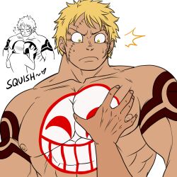  2boys ^^^ absurdres bara bellamy blonde_hair chest_tattoo dark-skinned_male dark_skin donquixote_doflamingo_jolly_roger doodle_inset head_between_pecs_(meme) highres hyena_(samayajonna) large_pectorals male_focus meme multiple_boys muscular muscular_male nipples nude one_piece pectoral_grab pectorals short_hair sibi2028_pectoral_grab_(meme) solo_focus sweat tattoo upper_body yaoi 