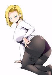  android_18 black_pantyhose blonde_hair blue_eyes breasts closed_mouth dragon_ball earrings female jewelry large_breasts looking_back medium_hair pantyhose relaxjon shirt simple_background solo white_background white_shirt 