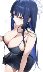  abpart alternate_costume artist_name bag bare_arms bare_shoulders black_bag black_nails blue_archive blue_choker blue_dress blue_eyes blue_hair blue_halo blush breasts choker cleavage closed_mouth clothes_pull commentary cowboy_shot dress dress_pull english_commentary female from_above halo handbag highres jewelry large_breasts long_hair nail_polish necklace pulling_own_clothes saori_(blue_archive) simple_background solo thighs white_background 